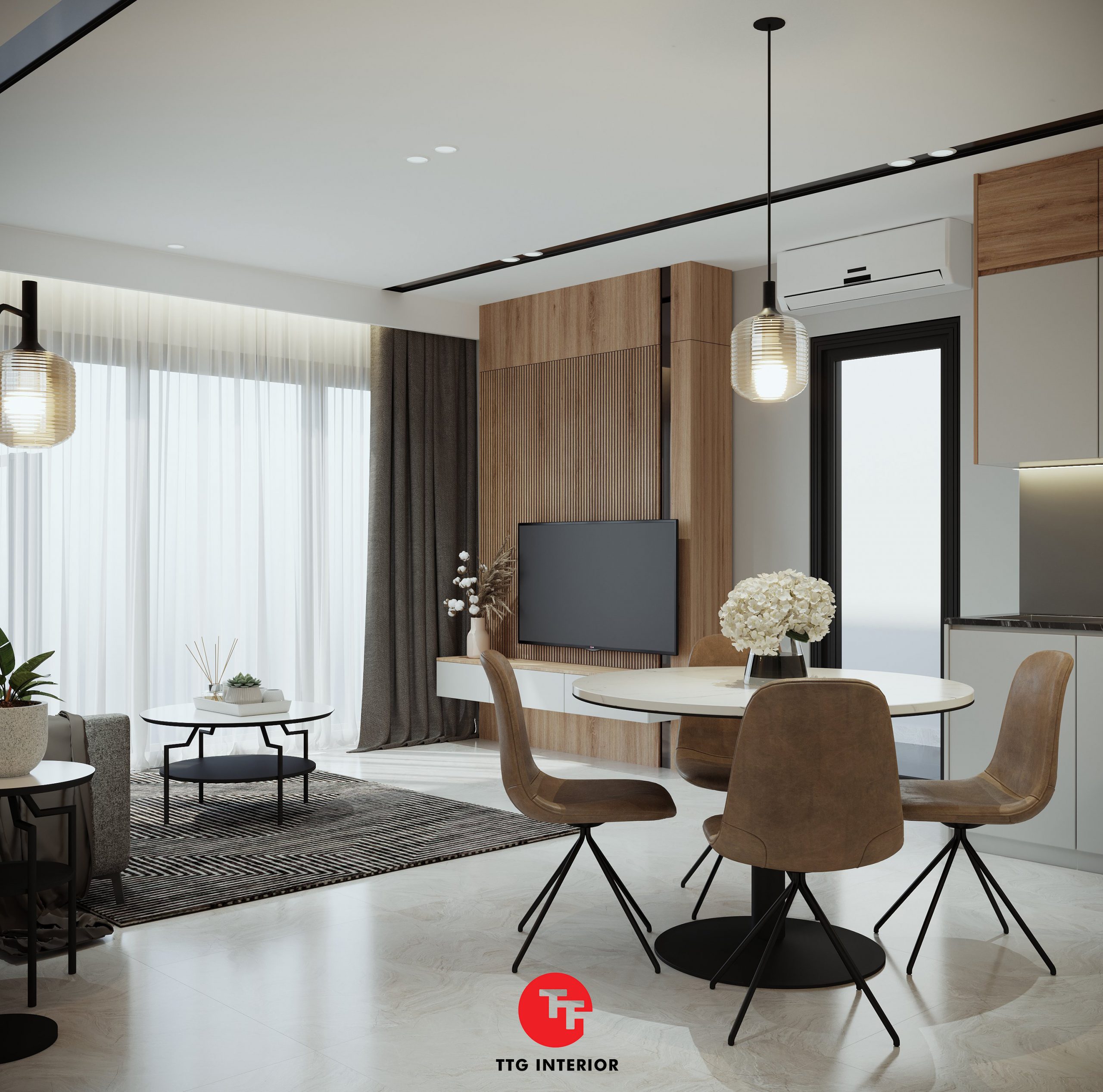 Phòng khách hiện đại chan hào ánh sang tự nhiên, sử dụng vật liệu gỗ công nghiệp An Cường làm điểm nhấn