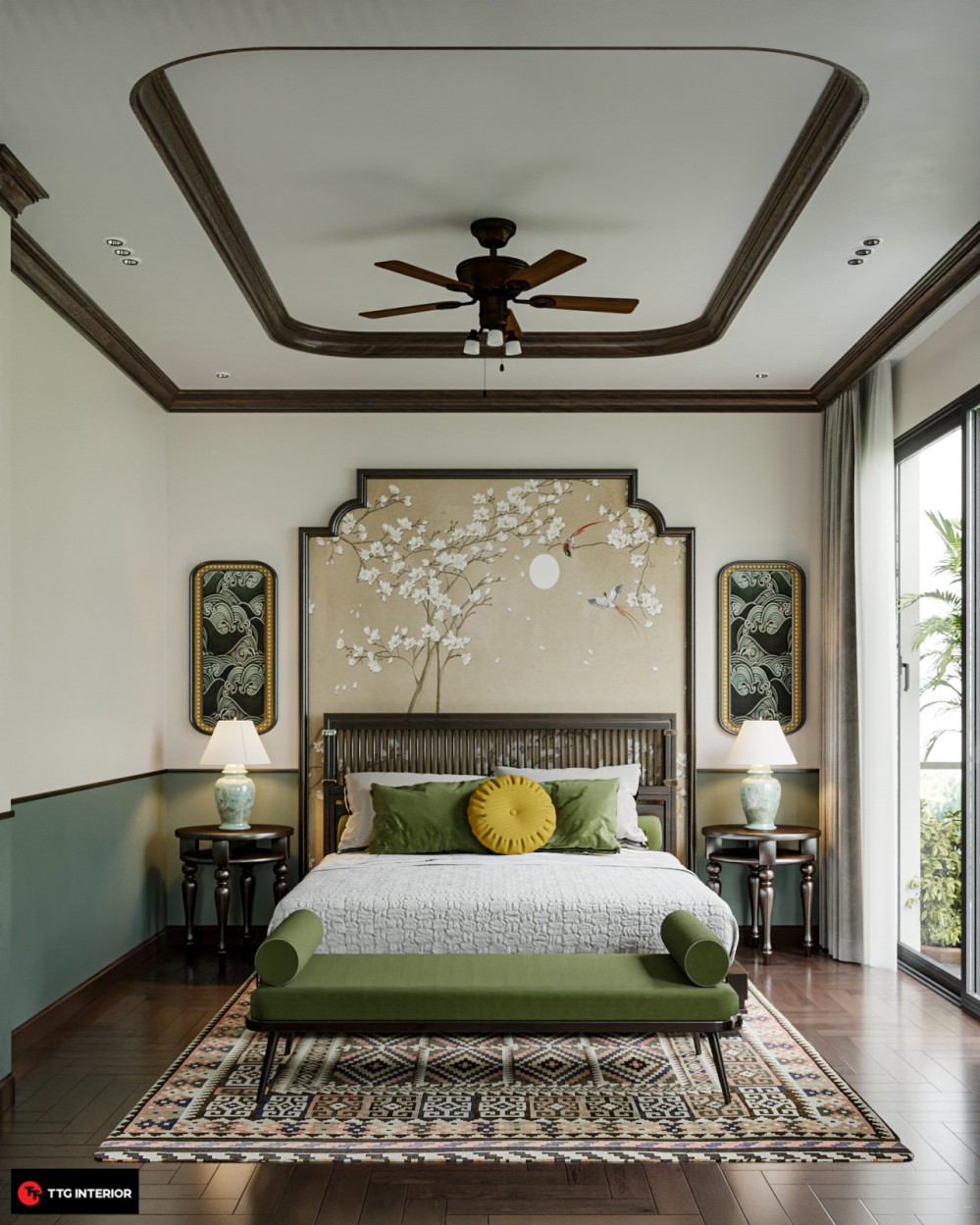 Giấy dán tường họa tiết cổ điển trong thiết kế nội thất phòng ngủ Indochine