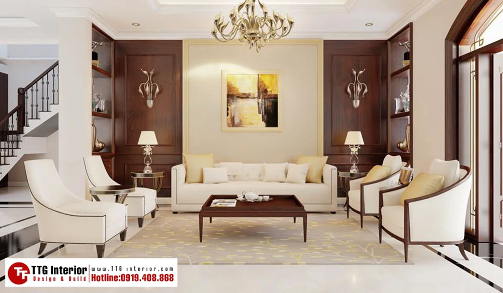 Thiết kế nội thất biệt thự tân cổ điển Vinhomes với phòng khách hơi hướng Luxury