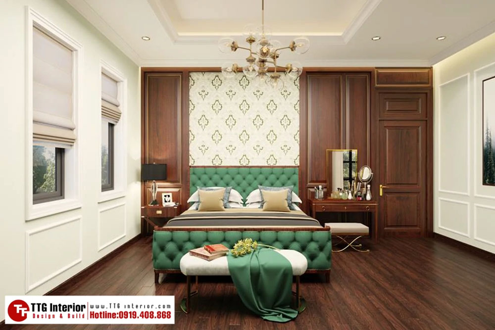Thiết kế nội thất biệt thự tân cổ điển Vinhomes với phòng ngủ master mang hơi hướng Luxury