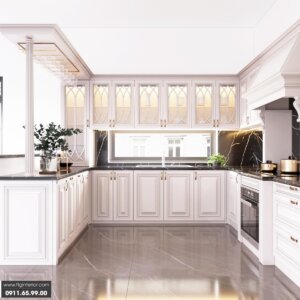 Tủ bếp tân cổ điển với tone màu trắng tinh tế