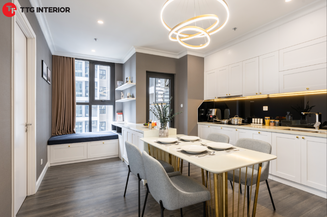 Không gian nấu nướng sang trọng nhờ hiệu ứng thị giác mạnh mẽ từ ánh đèn và các món nội thất