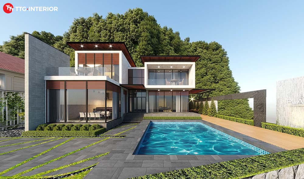 Bản thiết kế 3D biệt thự có bể bơi