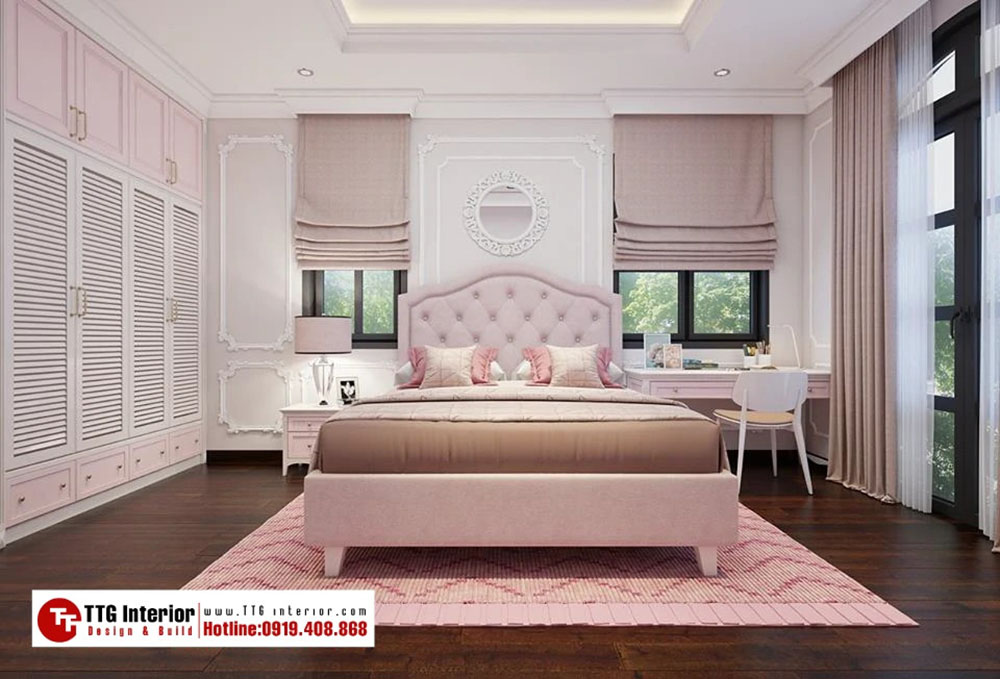 Phòng ngủ phong cách tân cổ điển gam màu hồng pastel