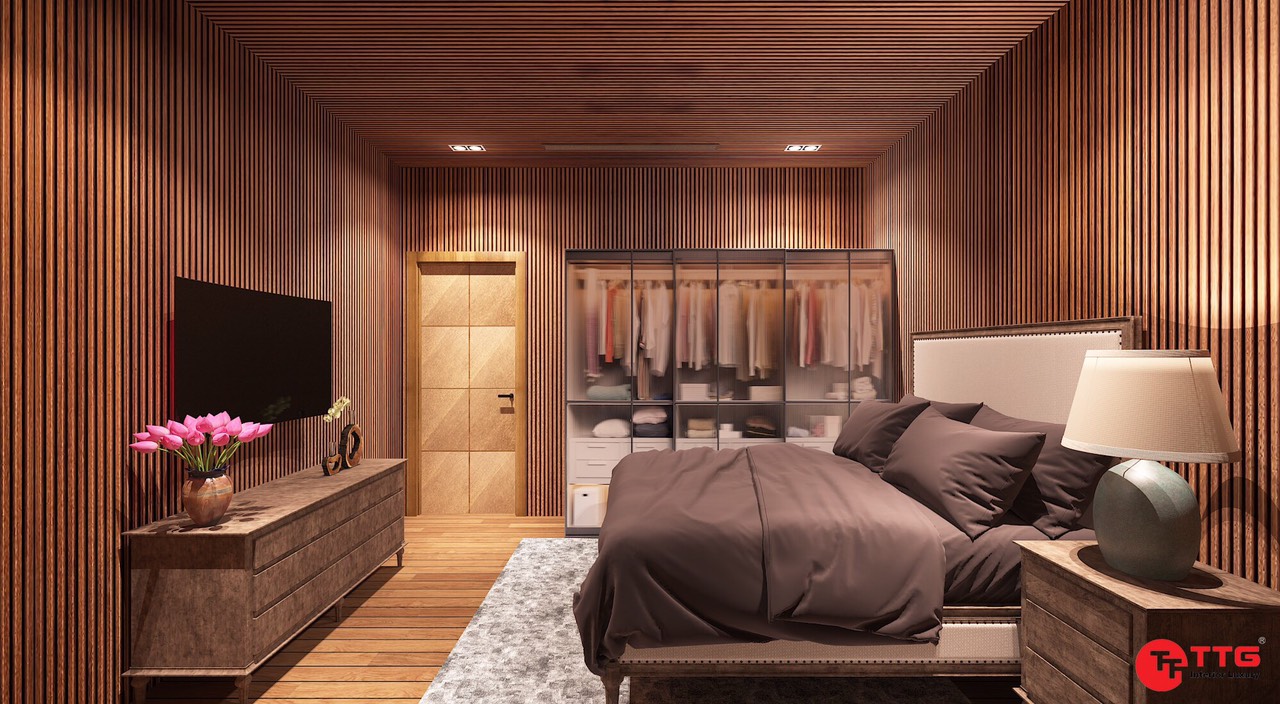 Phòng ngủ ấm cúng với hệ nan gỗ chạy xuyên suốt các diện tường
