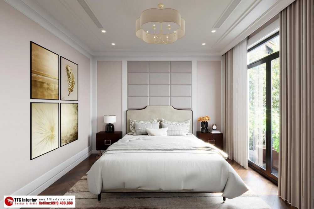 Thiết kế nội thất biệt thự Pháp với phòng ngủ sử dụng gam màu trang nhã, thanh lịch