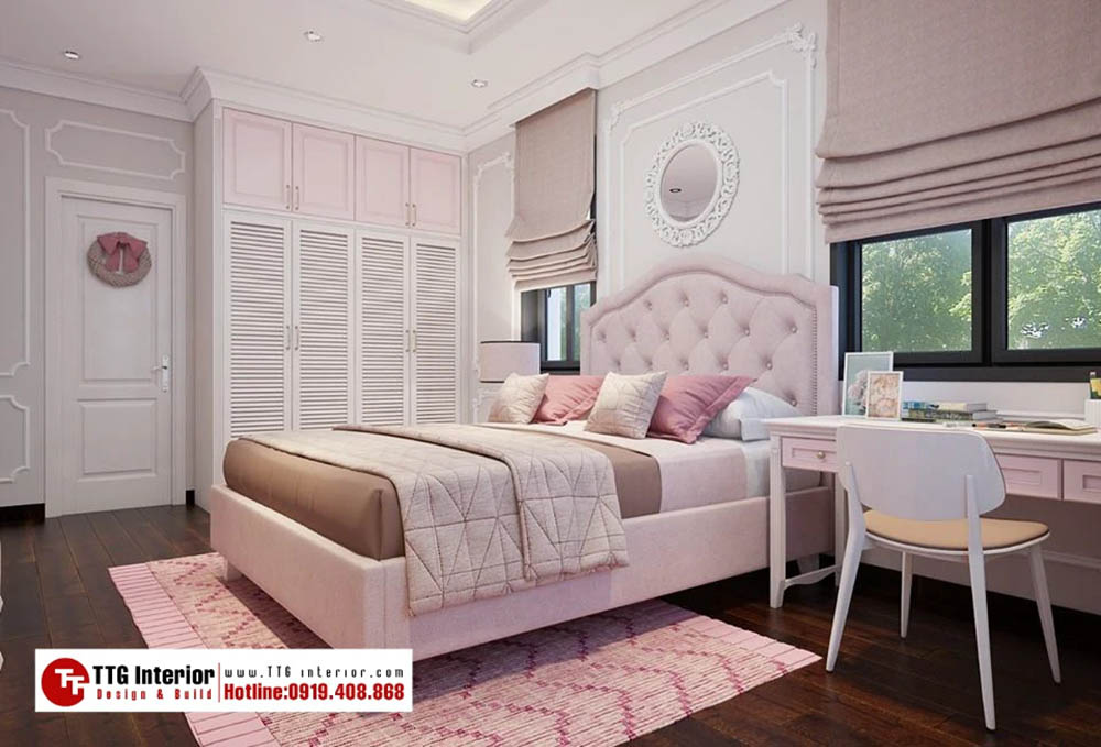 Phòng ngủ tone hồng dễ thương cho con gái