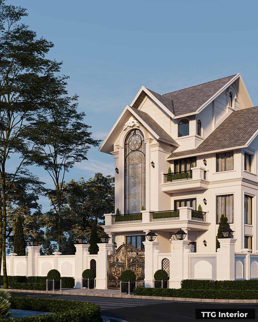 Thiết kế nội thất biệt thự Pháp với phối cảnh công trình biệt thự mái Thái cao cấp 3 tầng
