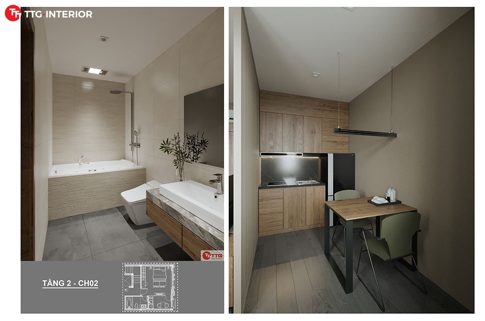 Nhà tắm, nhà bếp khép kín trong mẫu thiết kế căn hộ cho thuê 3 tầng Hải Phòng