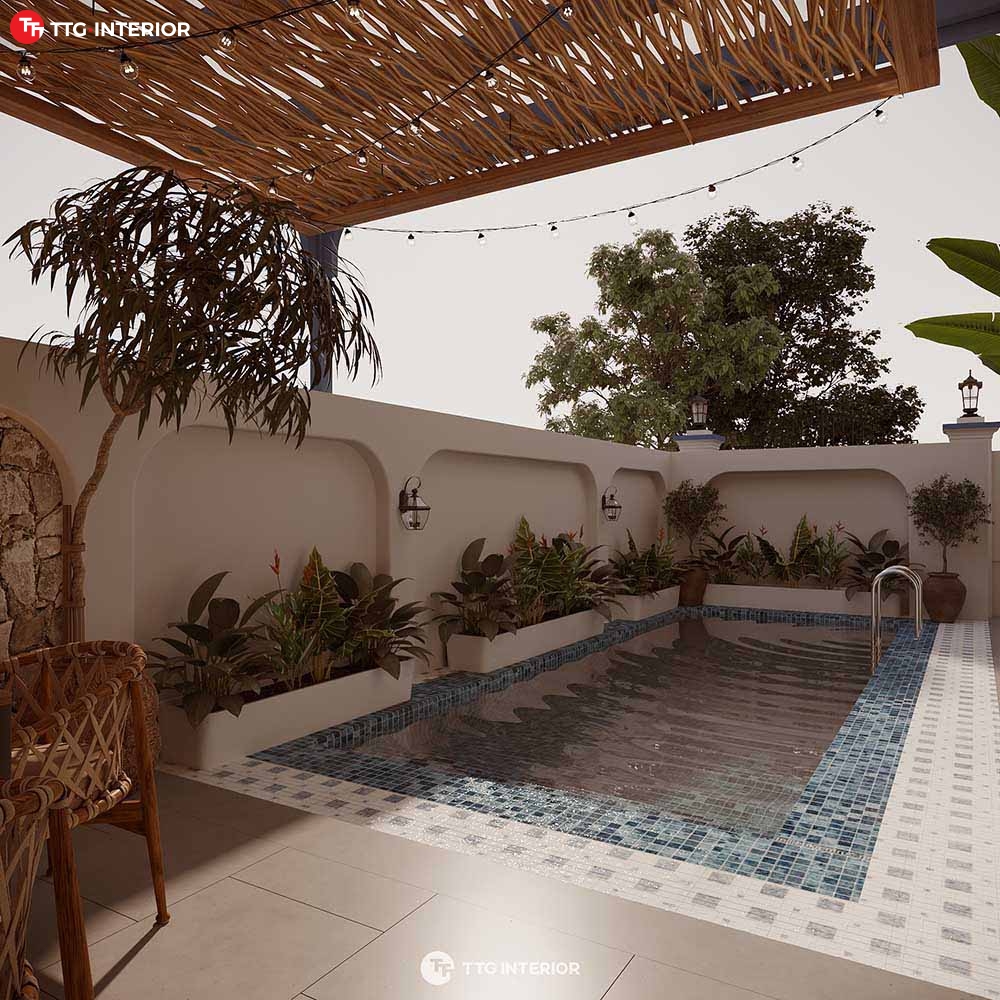 Bể bơi của mẫu thiết kế homestay sân vườn Quảng Ninh có diện tích vừa phải