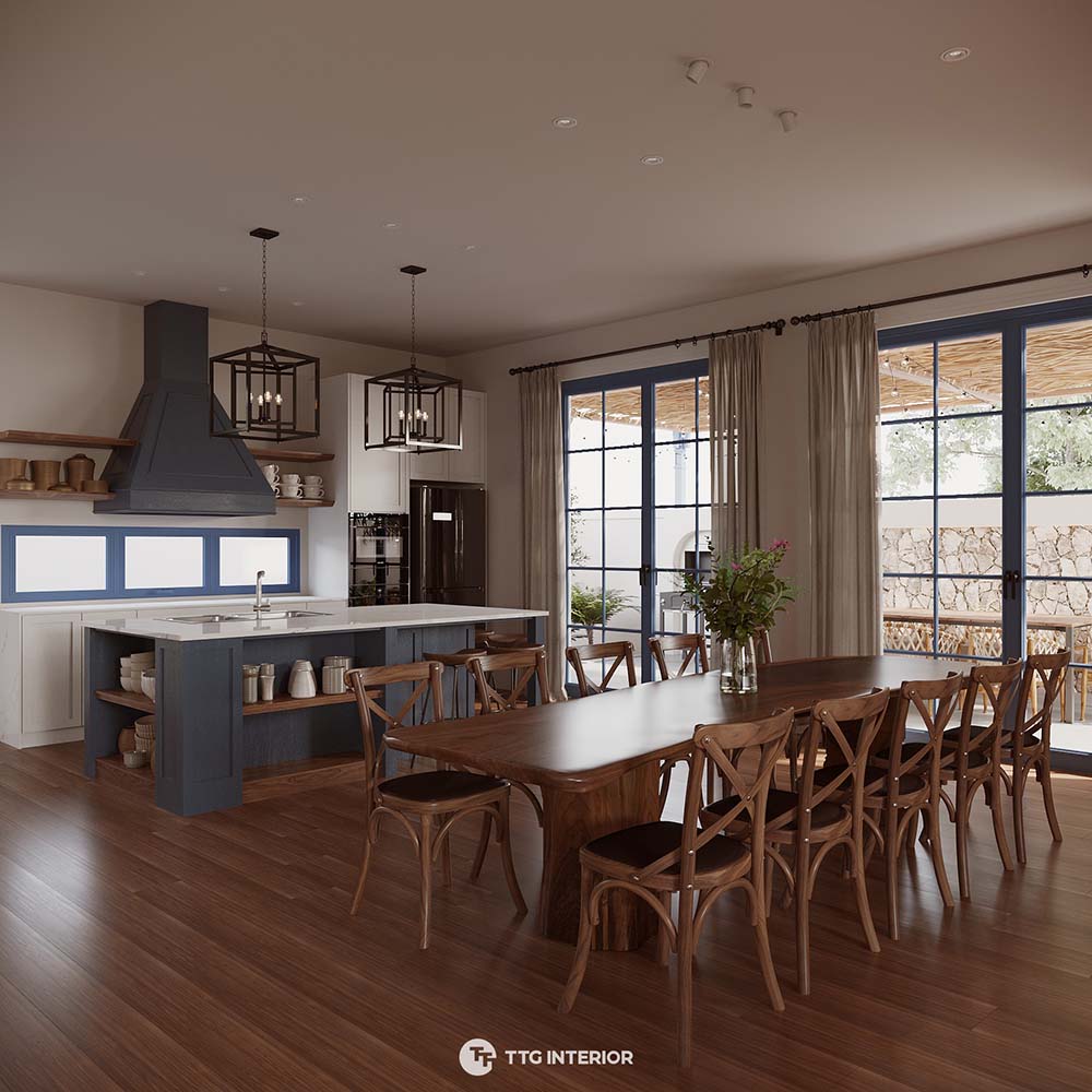 Phòng bếp rộng rãi với đầy đủ tiện nghi của mẫu thiết kế nội thất homestay Hải Phòng