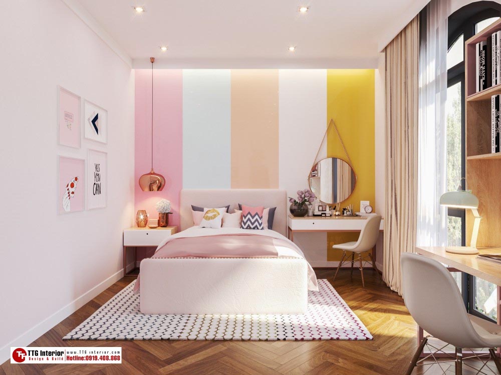 Phòng ngủ bé gái với gam màu hồng