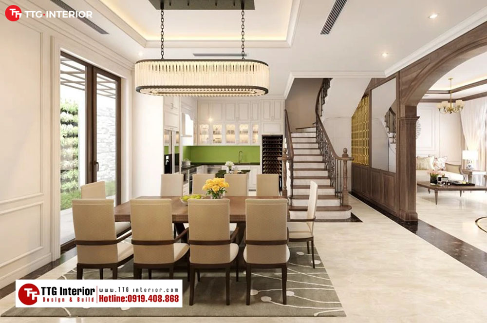 Thiết kế nội thất biệt thự cao cấp với phòng ăn liên thông với phòng khách tạo sự thoáng đạt cho không gian 
