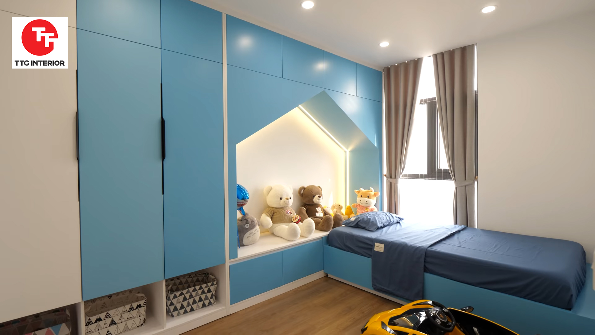 Phòng ngủ cho con với màu xanh chủ đạo