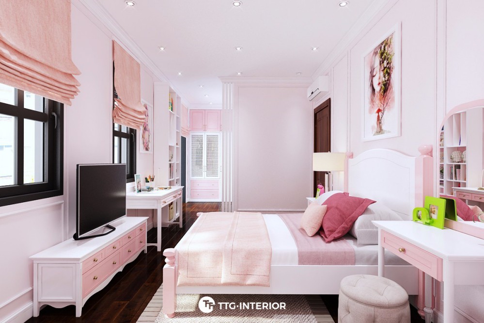 Phòng ngủ sử dụng nội thất và background màu hồng
