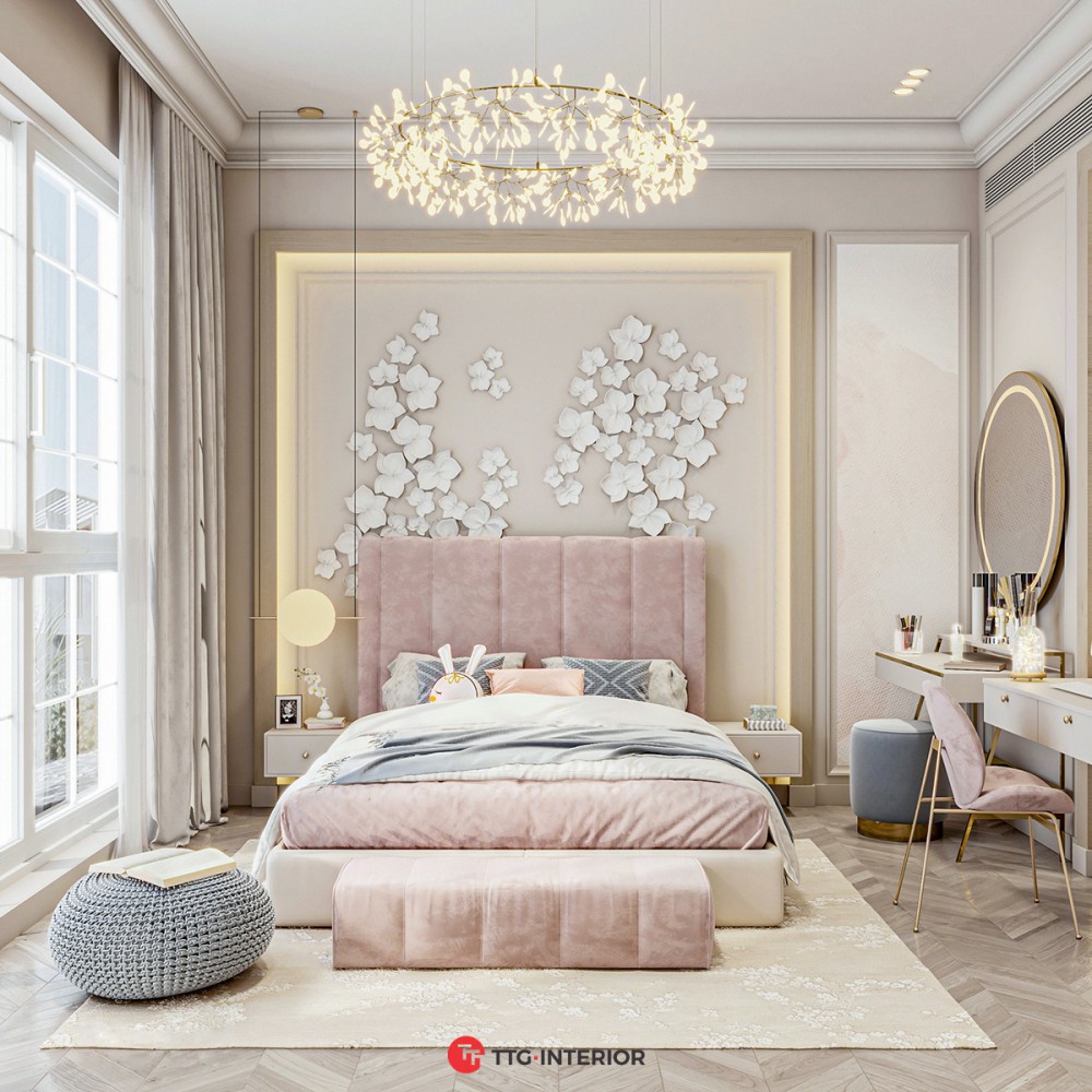 Phòng ngủ đẹp cho nữ màu hồng phong cách sang trọng