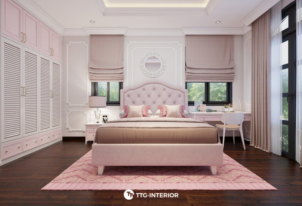 Phòng ngủ đẹp cho nữ màu hồng phong cách tân cổ điển