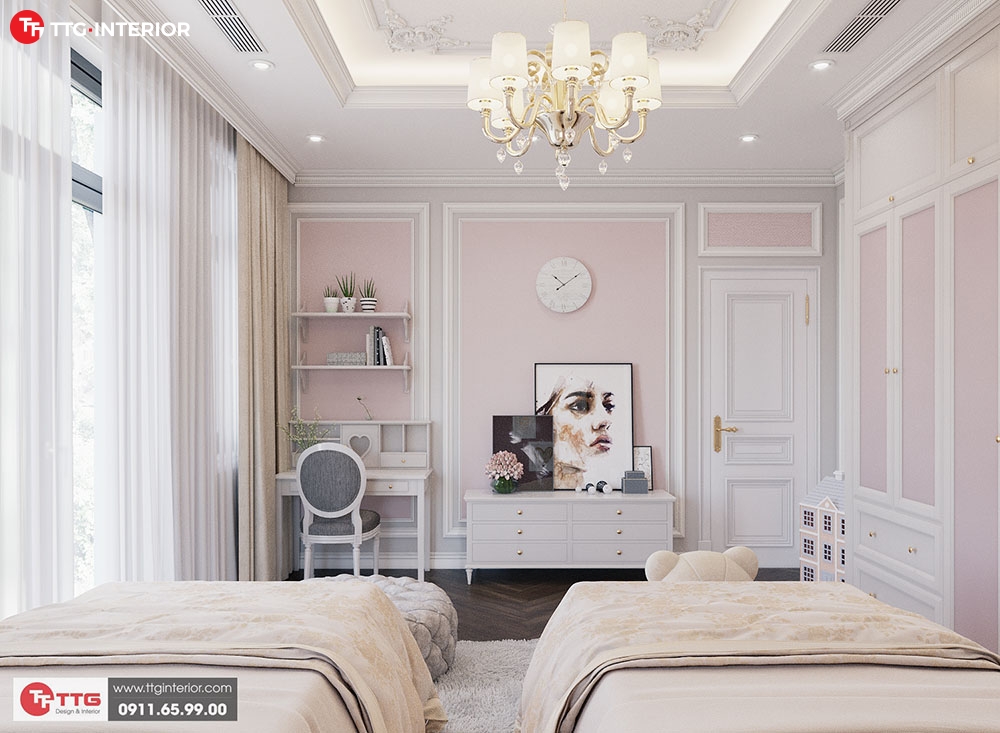 Phòng ngủ tân cổ điển màu hồng sang trọng