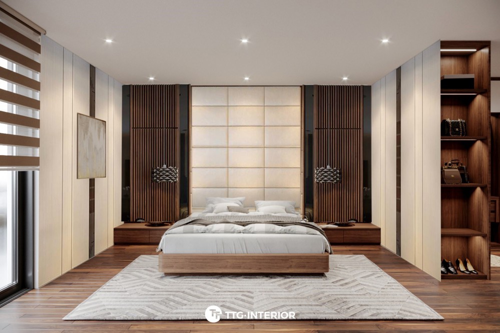 Thiết kế phòng ngủ master hiện đại với chất liệu gỗ tự nhiên