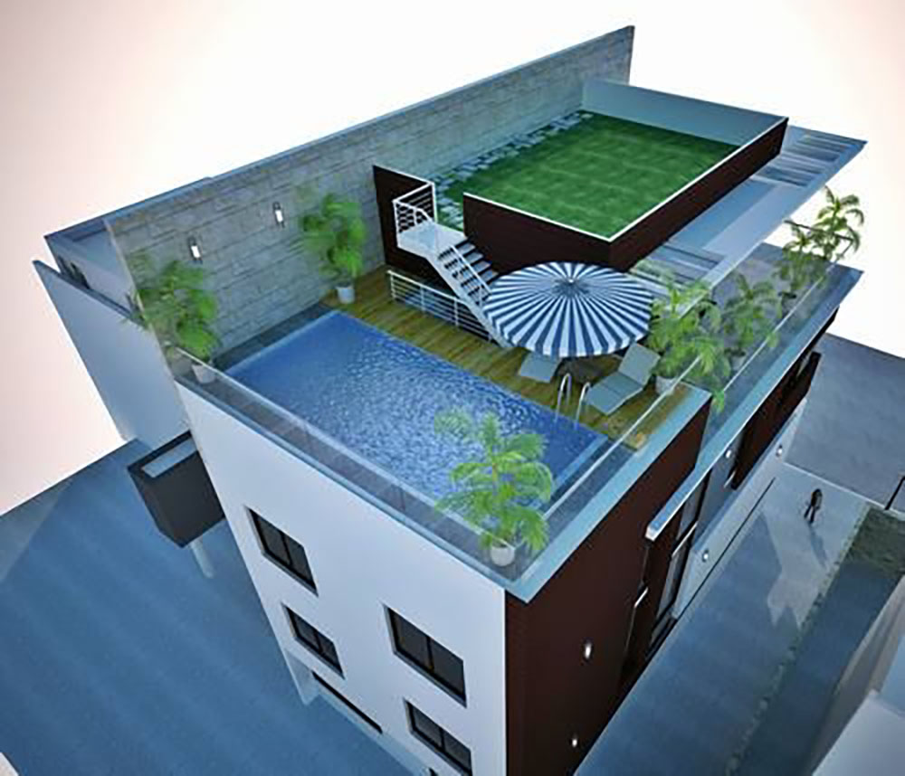 Thiết kế biệt thự hiện đại có bể bơi trên sân thượng
