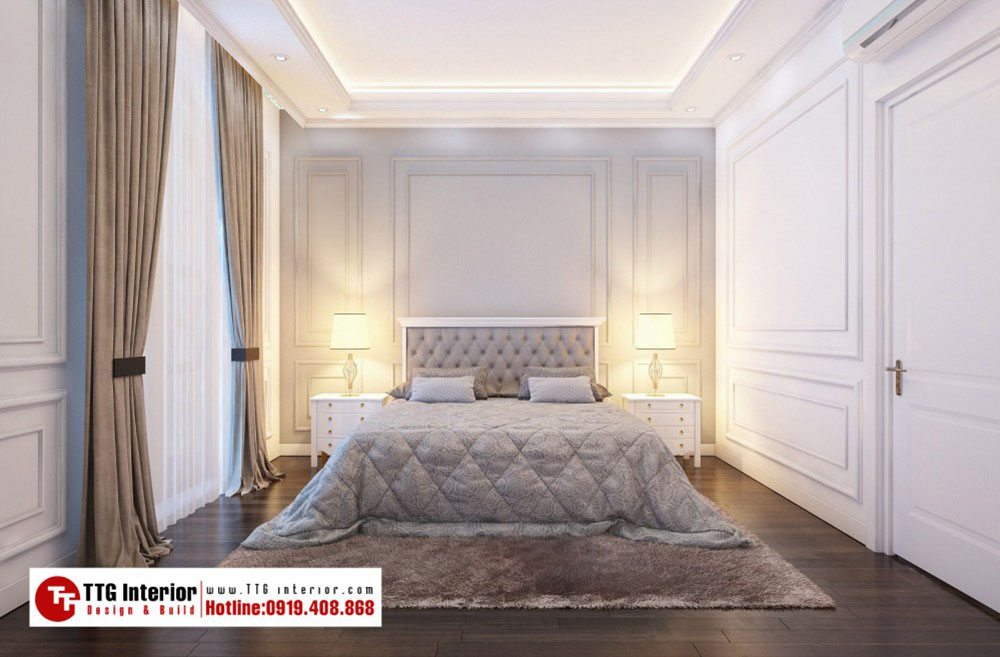 Phòng ngủ sử dụng gam màu xám mang đến cảm giác thân thương, ấm cúng