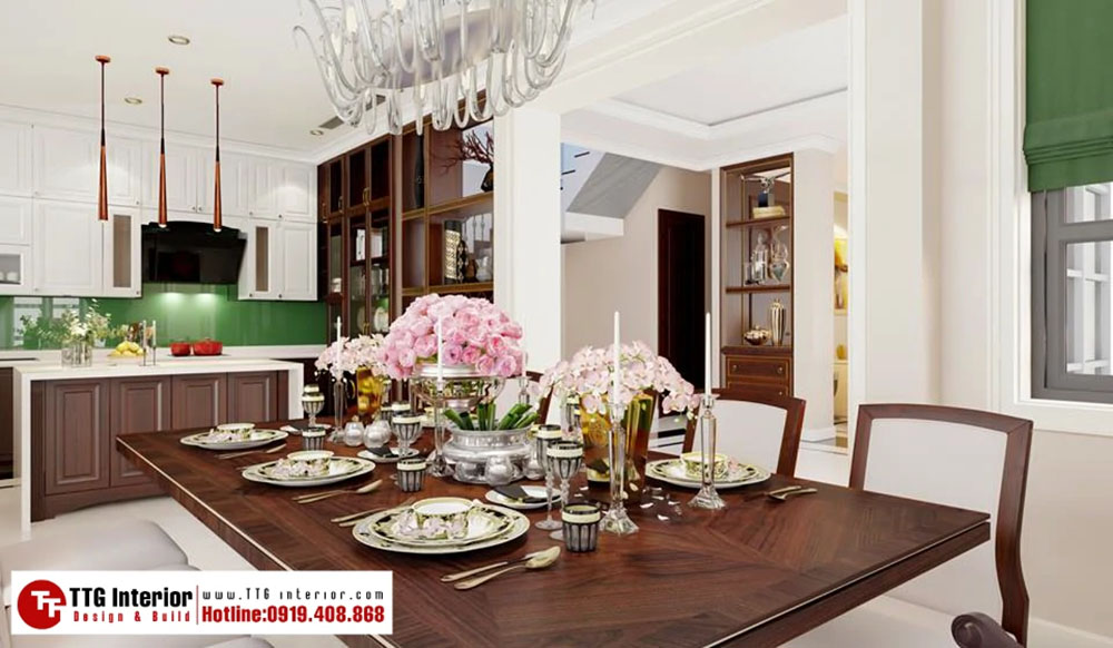 Thiết kế nội thất biệt thự tân cổ điển Vinhomes với phòng ăn mang tone màu trắng tinh tế