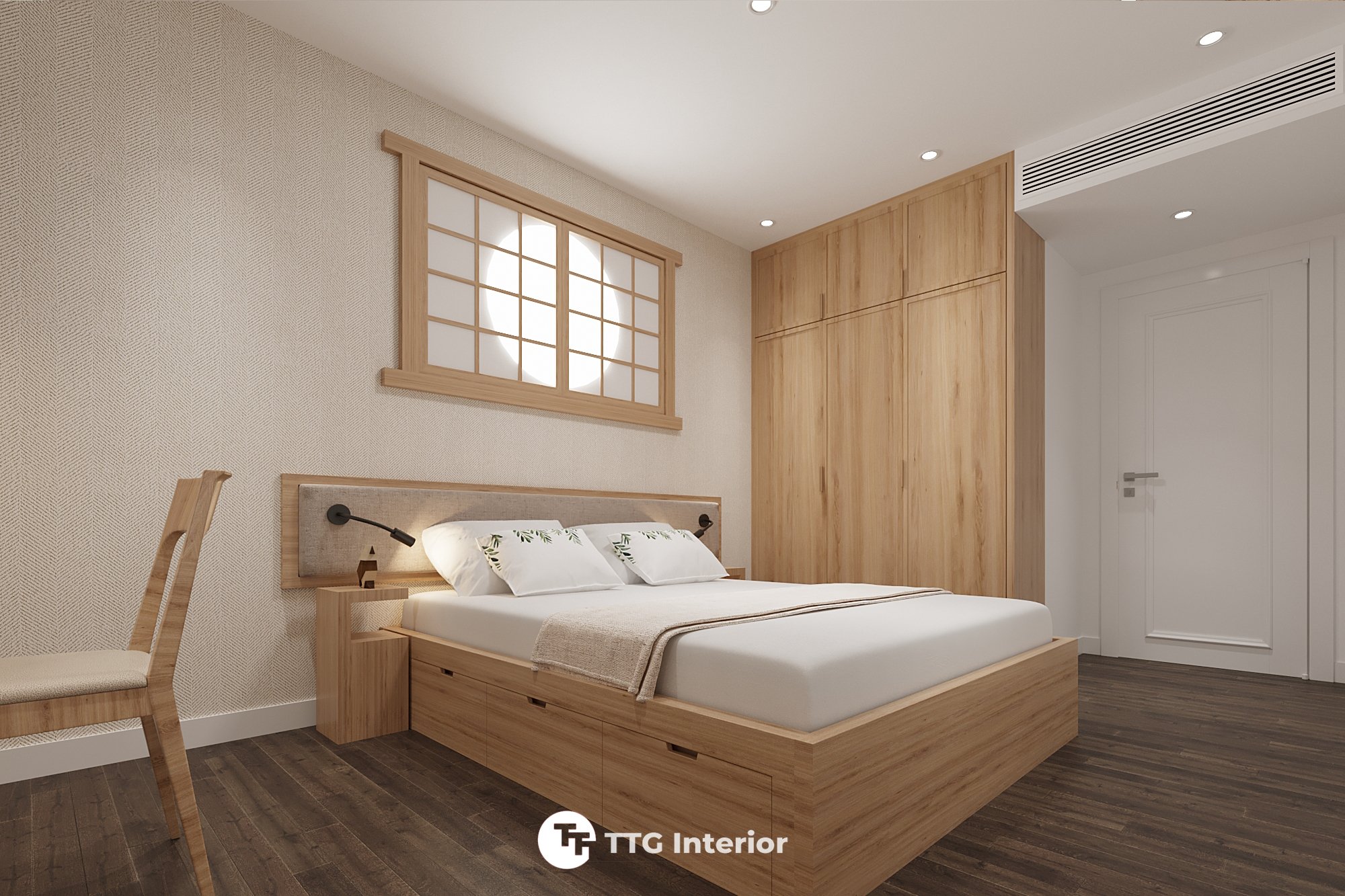 Phòng ngủ ấm cúng với vật liệu gỗ chủ đạo