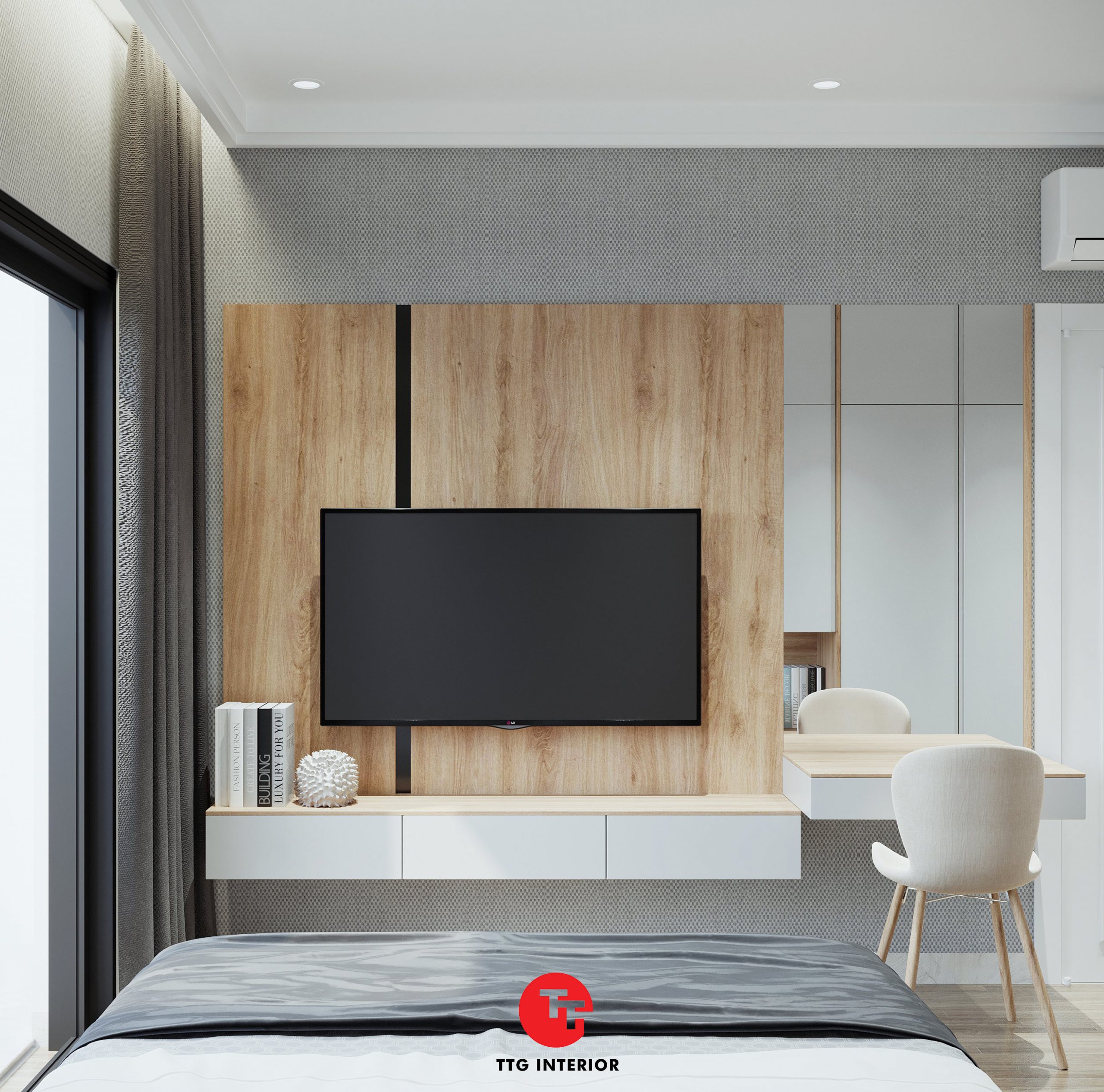 Vách TV phòng ngủ ốp gỗ công nghiệp và vải, tạo nên sự ấm cúng