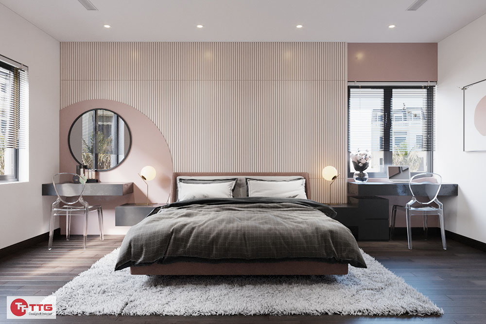 Phòng ngủ rộng rãi với gam màu hồng pastel