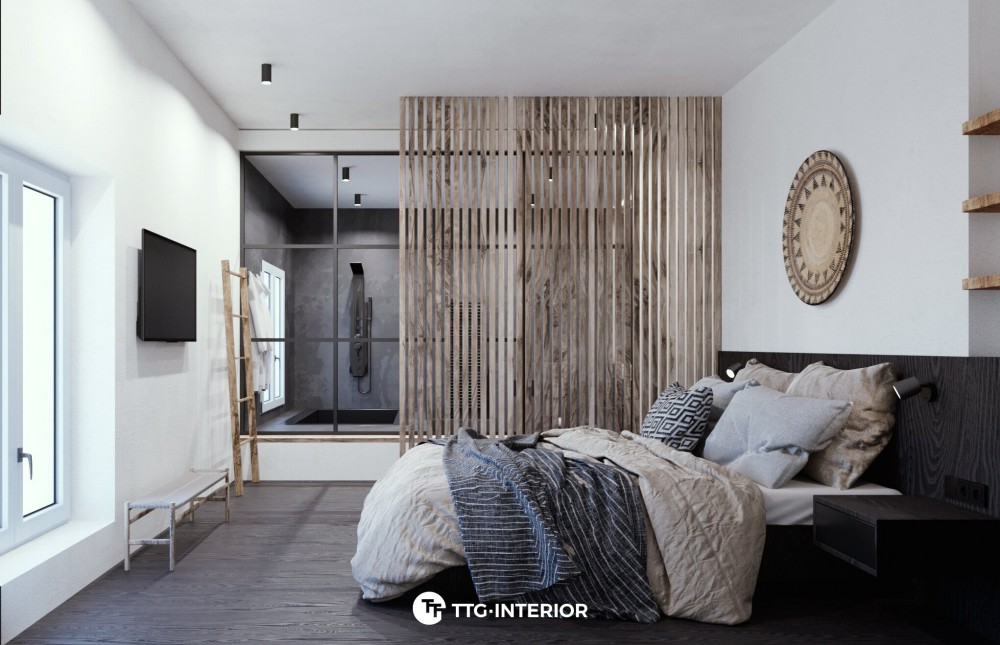 Mẫu vách ngăn phòng ngủ từ gỗ lam mới lạ giúp không gian thêm phần rộng rãi