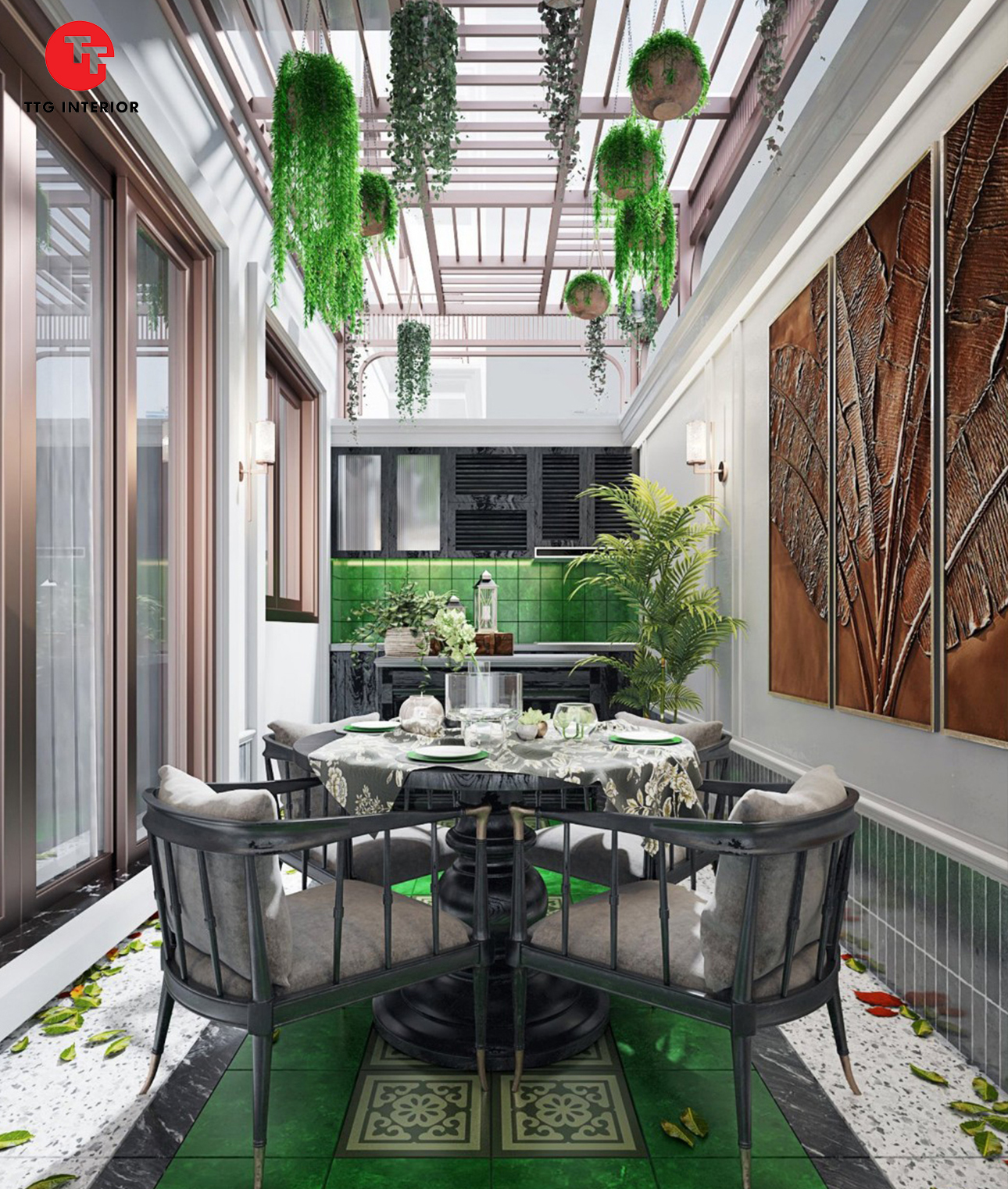 Phòng bếp ăn với không gian xanh, tràn ngập thiên nhiên