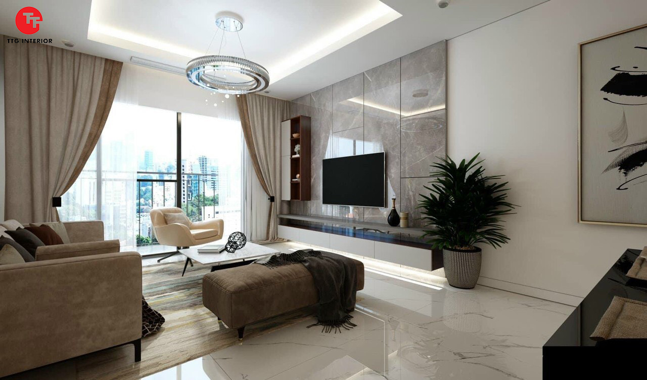 Phòng khách sử dụng vật liệu đá ốp tường và lát sàn tạo nên cảm giác sạch sẽ, sang trọng