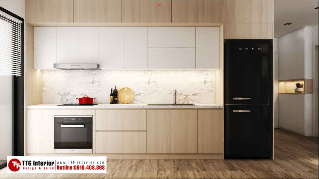 tủ bếp chữ i màu vàng