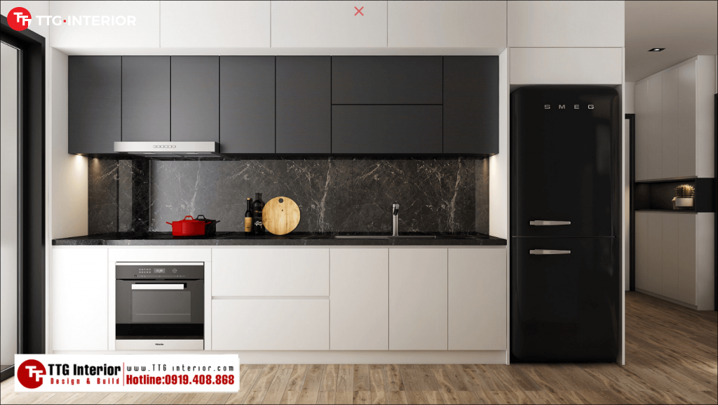 5 thiết kế tủ bếp hình chữ I đẹp mê ly cho nhà phố có không gian hẹp 1 tủ bếp chữ i 2 màu đen trắng