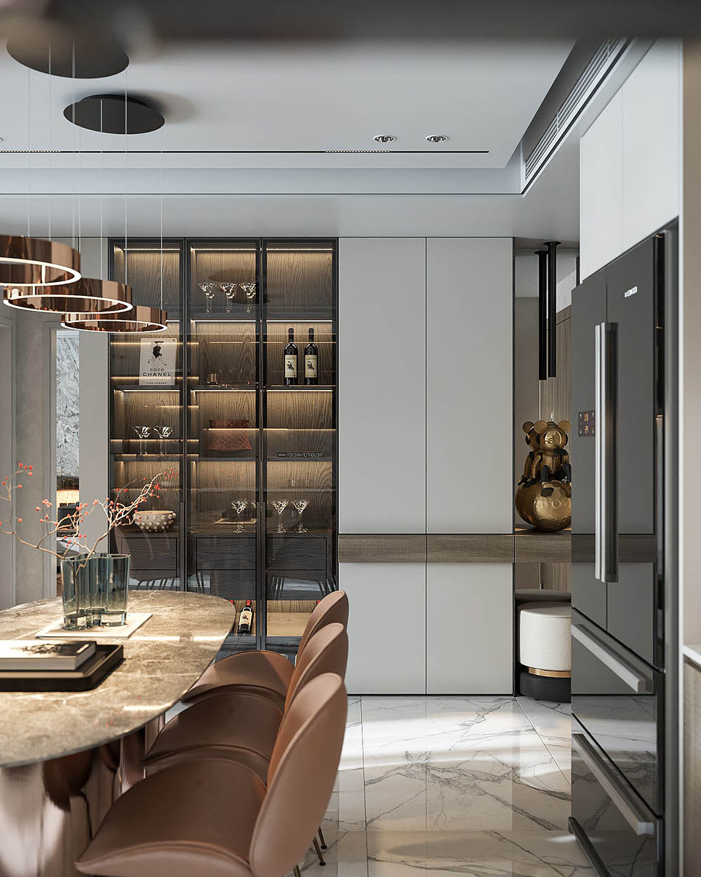 Sử dụng đá marble và veneer gỗ hiện đại